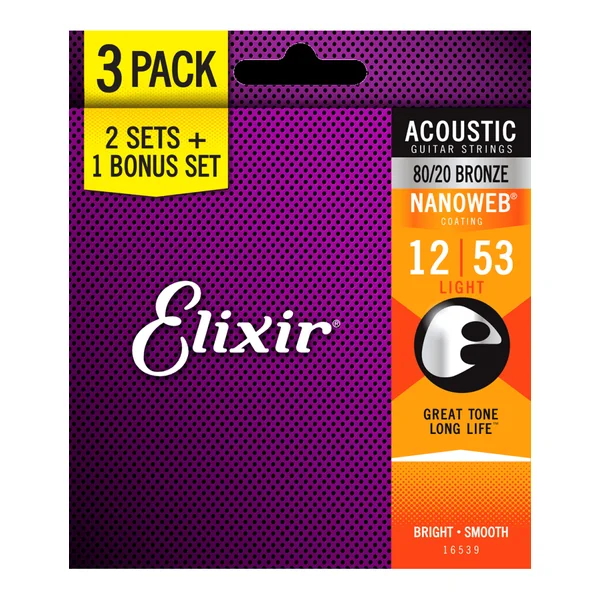Elixir 16539 pack de 3 jeux Acoustic Nanoweb Bronze 80/20 12/53