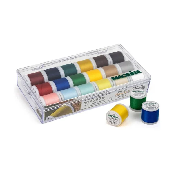 Ensemble de 18 bobines de fil à coudre Aerofil 100% polyester Madeira - 200 m - Certifié Oeko-Tex