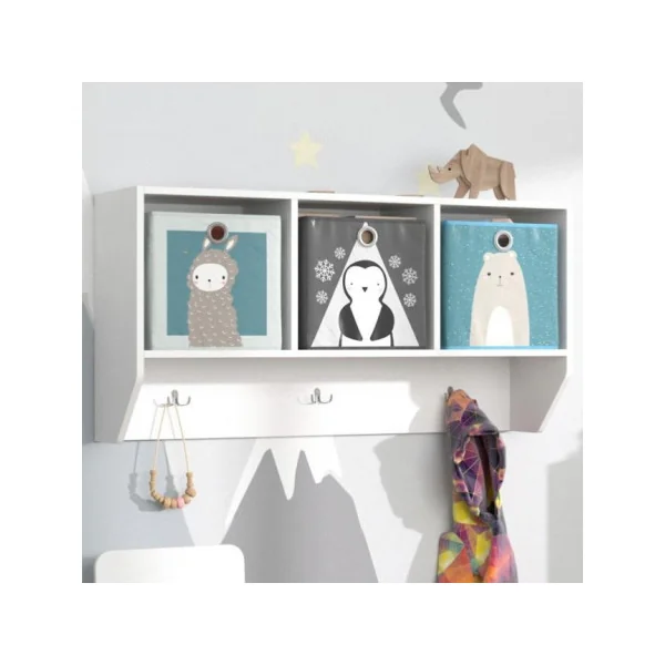 Etagère murale blanche avec 3 compartiments et 3 patères chambre enfant