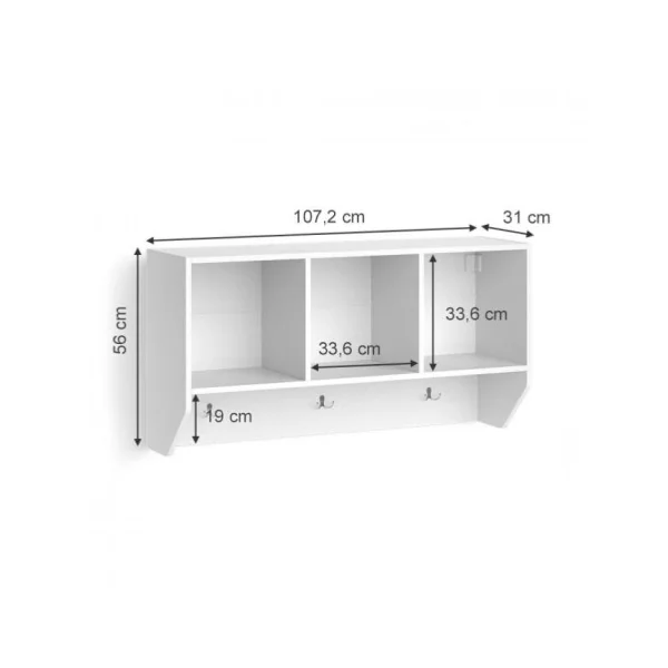 Etagère murale blanche avec 3 compartiments et 3 patères chambre enfant