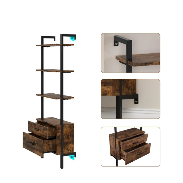 Etagère Murale Industrielle Brun avec 2 Tiroirs Etagère Escalier Etagère Echelle