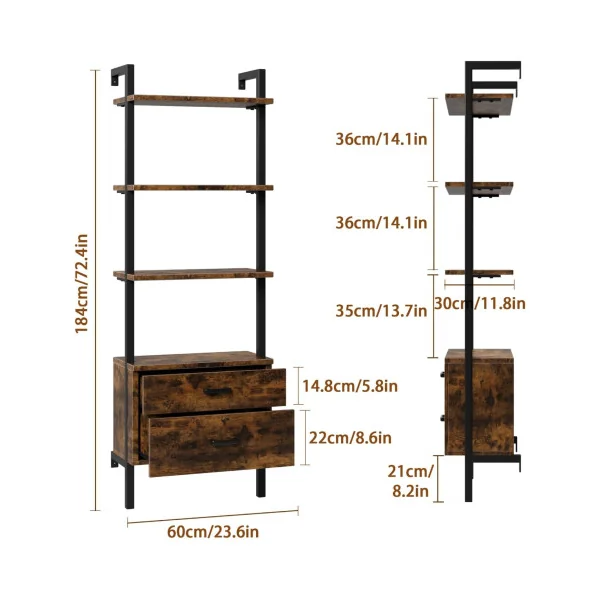 Etagère Murale Industrielle Brun avec 2 Tiroirs Etagère Escalier Etagère Echelle