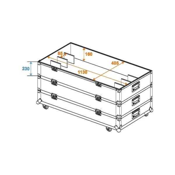 Flight case à 3 étages sur roulette pour 12 barres led et sunstrip