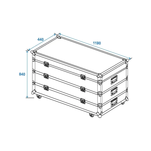 Flight case à 3 étages sur roulette pour 12 barres led et sunstrip