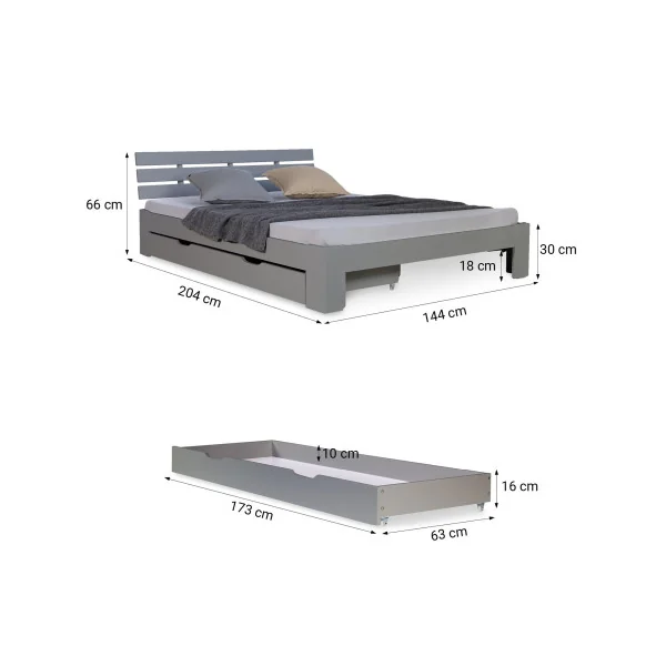 Lit bois gris 140x200 cm + Tiroir lit double pin massif lit deux places