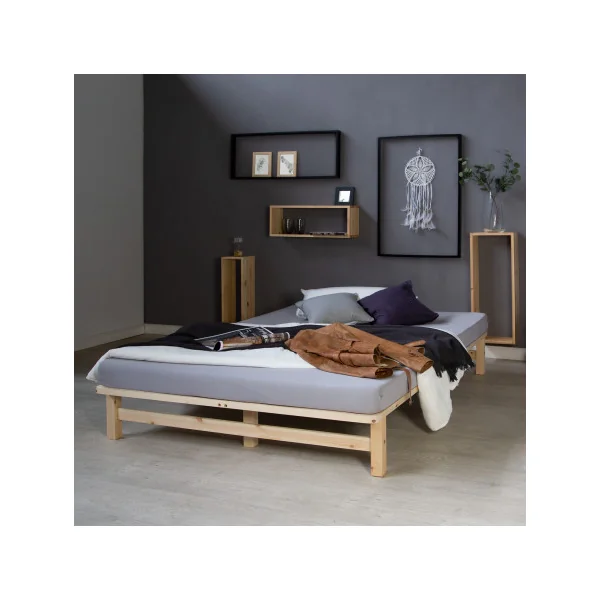 Lit bois naturel 140x200 cm lit double pin massif lit deux places avec sommier à lattes