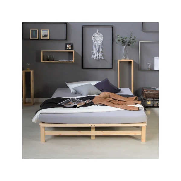 Lit bois naturel 140x200 cm lit double pin massif lit deux places avec sommier à lattes