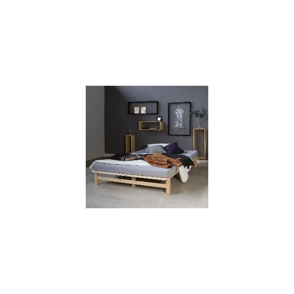 Lit bois naturel 140x200 cm lit double pin massif lit deux places avec sommier à lattes