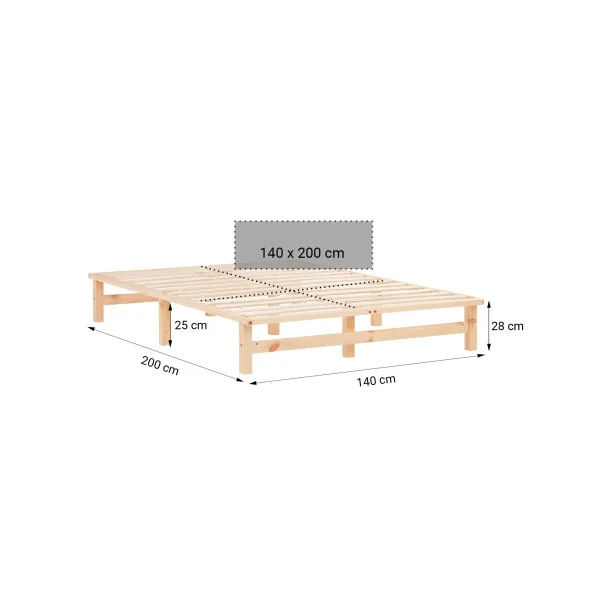 Lit bois naturel 140x200 cm lit double pin massif lit deux places avec sommier à lattes