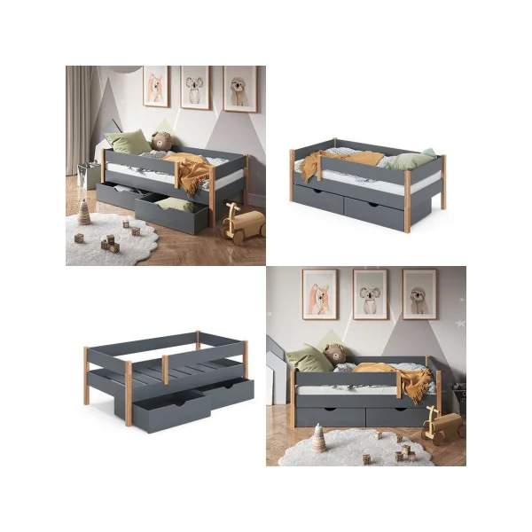 Lit enfant 80x160 + 2 tiroirs Anthracite et bois massif de Aulne Lit d'enfant moderne
