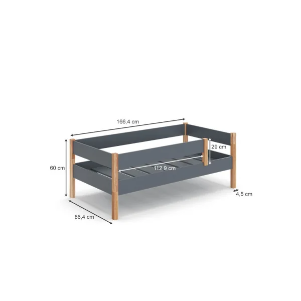 Lit enfant 80x160 anthracite et bois massif de Aulne Lit d'enfant moderne