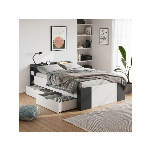 Lit moderne 140x200 cm + 4 tiroirs anthracite et chêne Lit adulte Lit deux places
