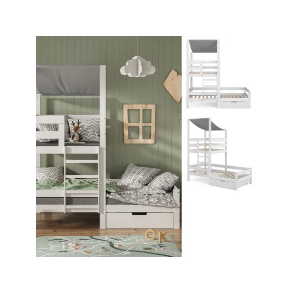 Lit montessori 90x200 cm + tiroir Lit cabane Lit avec échelle Lit mezzanine de repos Lit maison avec sommier