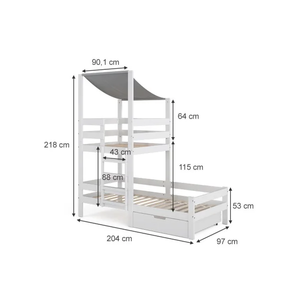 Lit montessori 90x200 cm + tiroir Lit cabane Lit avec échelle Lit mezzanine de repos Lit maison avec sommier