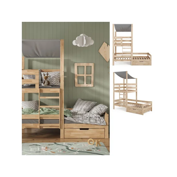 Lit montessori 90x200 cm + tiroir naturel Lit cabane Lit avec échelle Lit mezzanine de repos Lit maison avec sommier