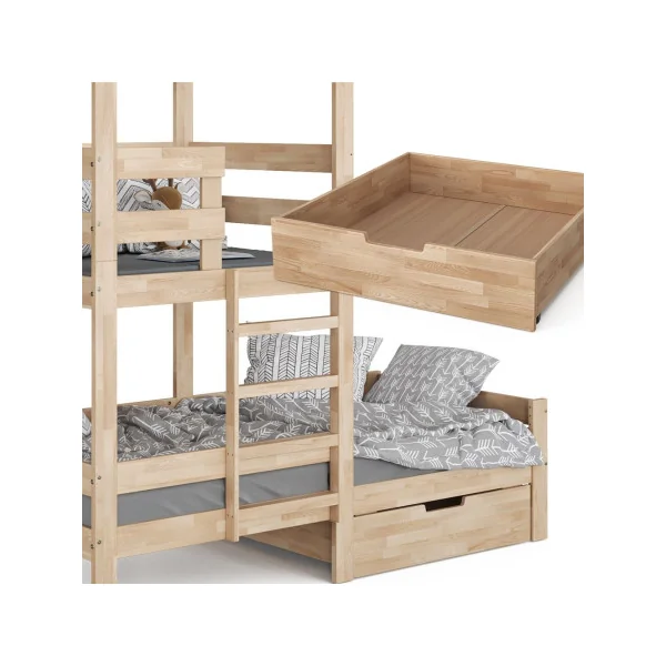 Lit montessori 90x200 cm + tiroir naturel Lit cabane Lit avec échelle Lit mezzanine de repos Lit maison avec sommier