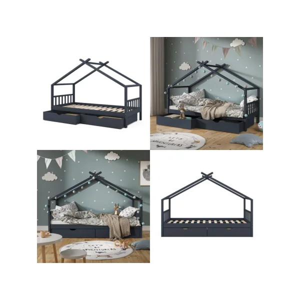Lit montessori anthracite pour enfant 90x200 cm avec tiroirs rangement lit cabane lit maison avec sommier lit bois massif lit en