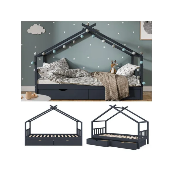 Lit montessori anthracite pour enfant 90x200 cm avec tiroirs rangement lit cabane lit maison avec sommier lit bois massif lit en