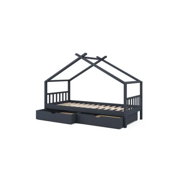 Lit montessori anthracite pour enfant 90x200 cm avec tiroirs rangement lit cabane lit maison avec sommier lit bois massif lit en