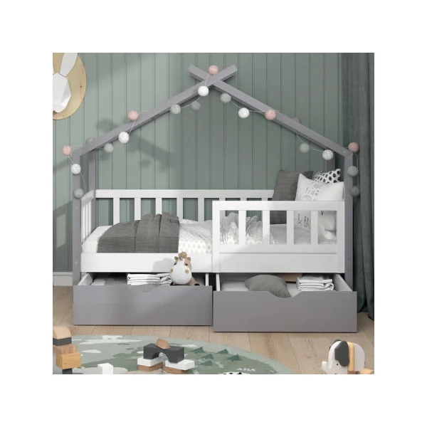 Lit montessori blanc et gris pour enfant 70x140 cm avec tiroirs rangement lit cabane lit maison avec sommier lit bois massif lit