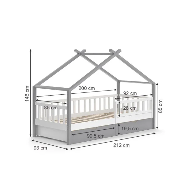 Lit montessori blanc et gris pour enfant 90x200 cm avec tiroirs rangement lit cabane lit maison avec sommier lit bois massif lit