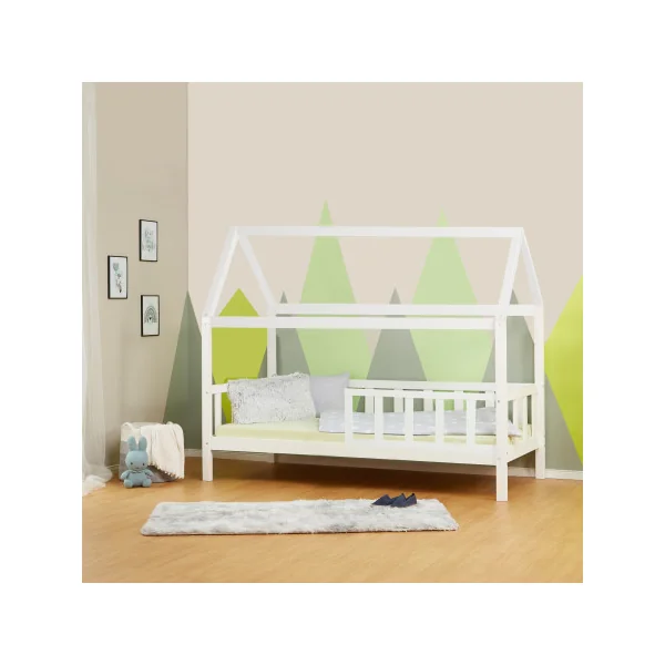 Lit montessori blanc lit cabane 90x200 cm avec barrières lit enfant avec sommier lit maison