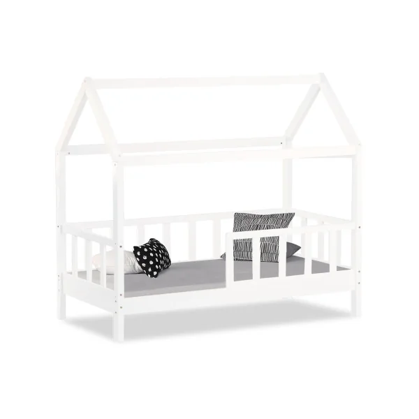 Lit montessori blanc lit cabane 90x200 cm avec barrières lit enfant avec sommier lit maison