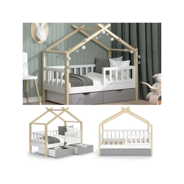 Lit montessori bois blanc et gris pour enfant 70x140 cm avec tiroirs rangement lit cabane lit maison avec sommier lit bois massi