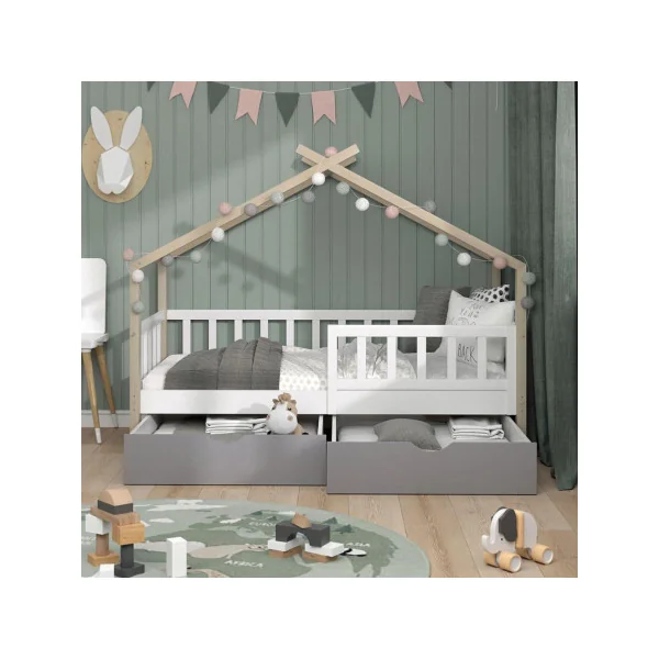 Lit montessori bois blanc et gris pour enfant 80x160 cm avec tiroirs rangement lit cabane lit maison avec sommier lit bois massi