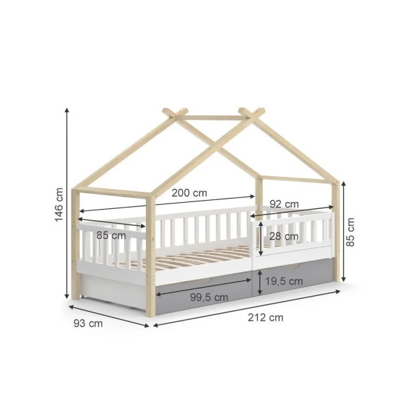 Lit montessori bois naturel blanc et gris pour enfant 90x200 cm avec tiroirs rangement lit cabane lit maison avec sommier