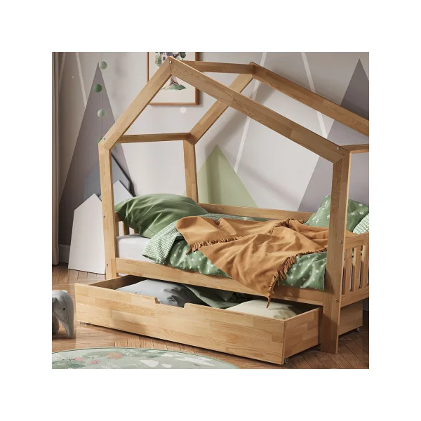 Lit montessori bois naturel pour enfant 80x160 cm avec tiroir et barrières Lit cabane Lit maison Lit bois massif avec sommier