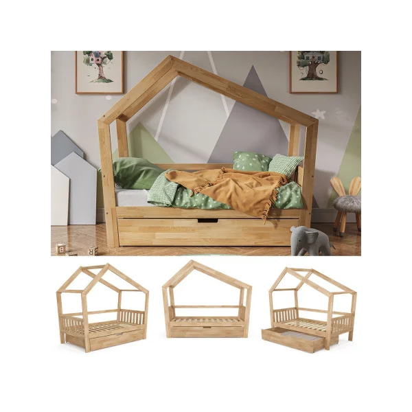 Lit montessori bois naturel pour enfant 80x160 cm avec tiroir et barrières Lit cabane Lit maison Lit bois massif avec sommier