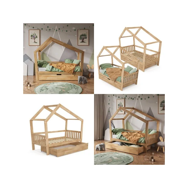 Lit montessori bois naturel pour enfant 80x160 cm avec tiroir et barrières Lit cabane Lit maison Lit bois massif avec sommier