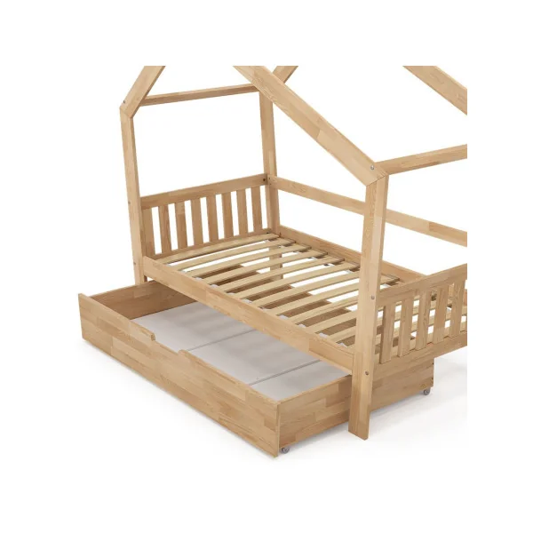 Lit montessori bois naturel pour enfant 80x160 cm avec tiroir et barrières Lit cabane Lit maison Lit bois massif avec sommier