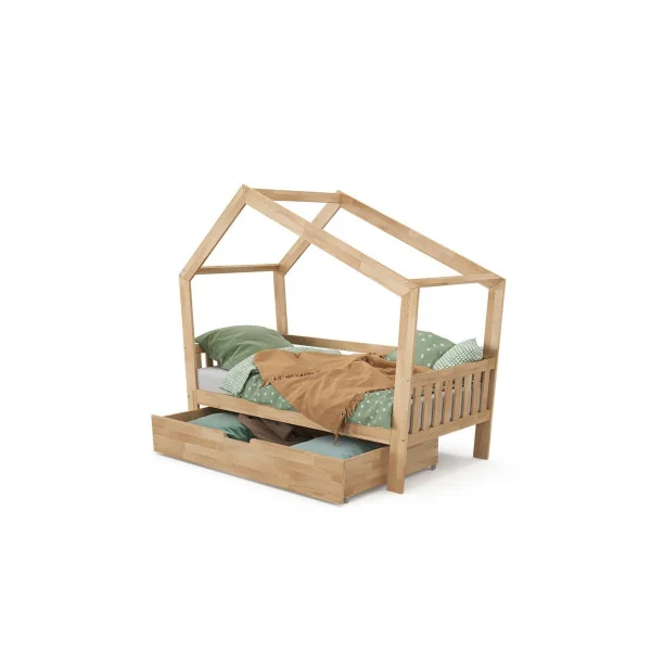 Lit montessori bois naturel pour enfant 80x160 cm avec tiroir et barrières Lit cabane Lit maison Lit bois massif avec sommier