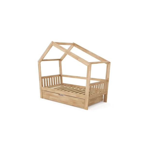 Lit montessori bois naturel pour enfant 80x160 cm avec tiroir et barrières Lit cabane Lit maison Lit bois massif avec sommier