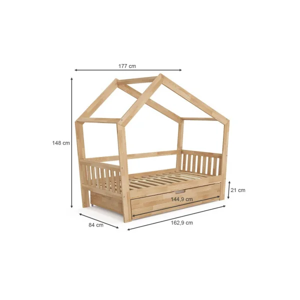 Lit montessori bois naturel pour enfant 80x160 cm avec tiroir et barrières Lit cabane Lit maison Lit bois massif avec sommier