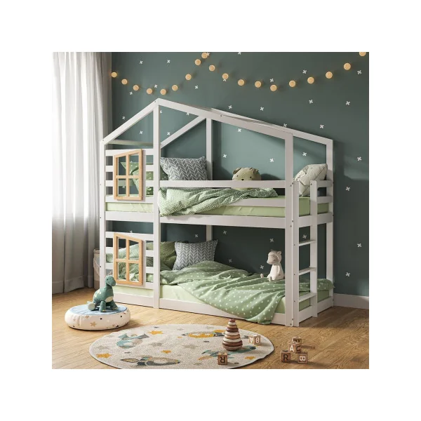 Lit Montessori Mezzanine Blanc pour Enfant 90x200 cm Bois Naturel Lit Enfant Superposé Cabane Lit Maison avec Sommier