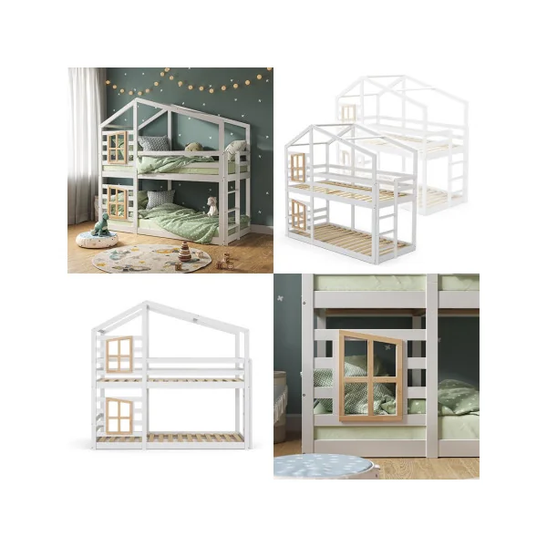 Lit Montessori Mezzanine Blanc pour Enfant 90x200 cm Bois Naturel Lit Enfant Superposé Cabane Lit Maison avec Sommier