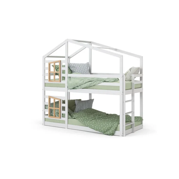 Lit Montessori Mezzanine Blanc pour Enfant 90x200 cm Bois Naturel Lit Enfant Superposé Cabane Lit Maison avec Sommier