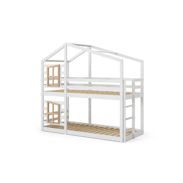 Lit Montessori Mezzanine Blanc pour Enfant 90x200 cm Bois Naturel Lit Enfant Superposé Cabane Lit Maison avec Sommier