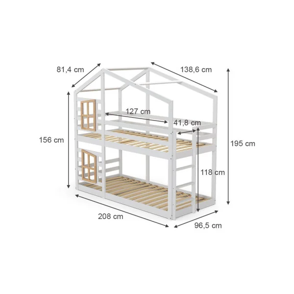 Lit Montessori Mezzanine Blanc pour Enfant 90x200 cm Bois Naturel Lit Enfant Superposé Cabane Lit Maison avec Sommier