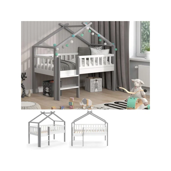 Lit montessori mezzanine pour enfant 80x160 cm blanc et gris lit mezzanine cabane lit maison avec sommier lit bois massif
