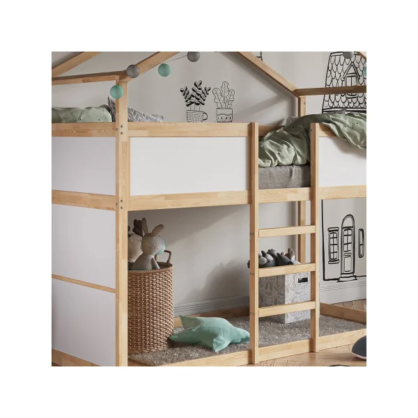 Lit montessori mezzanine pour enfant 90x200 cm blanc et Aulne lit mezzanine cabane lit maison avec sommier lit bois massif