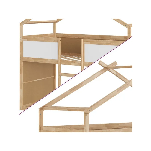 Lit montessori mezzanine pour enfant 90x200 cm blanc et Aulne lit mezzanine cabane lit maison avec sommier lit bois massif