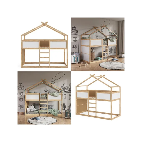 Lit montessori mezzanine pour enfant 90x200 cm blanc et Aulne lit mezzanine cabane lit maison avec sommier lit bois massif