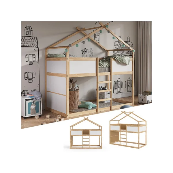 Lit montessori mezzanine pour enfant 90x200 cm blanc et Aulne lit mezzanine cabane lit maison avec sommier lit bois massif