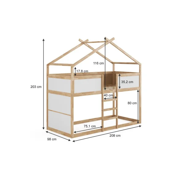 Lit montessori mezzanine pour enfant 90x200 cm blanc et Aulne lit mezzanine cabane lit maison avec sommier lit bois massif