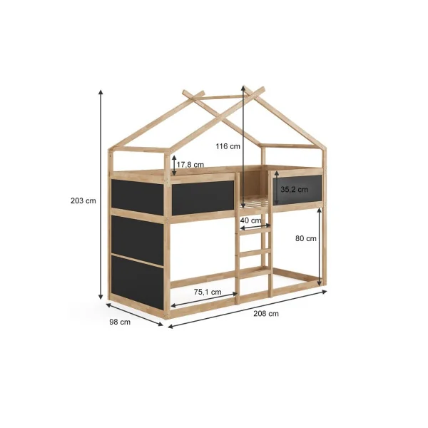 Lit montessori mezzanine pour enfant 90x200 cm blanc et noir lit mezzanine cabane lit maison avec sommier lit bois massif