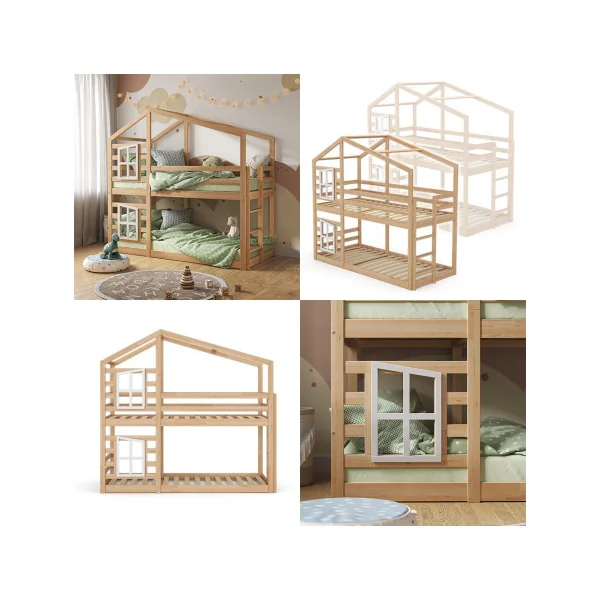 Lit Montessori Mezzanine pour Enfant 90x200 cm Bois Naturel Lit Enfant Superposé Cabane Lit Maison avec Sommier